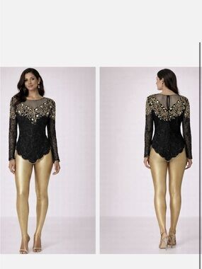 Black Lace Long-Sleeve Top with Gold Embellishment Vintage!